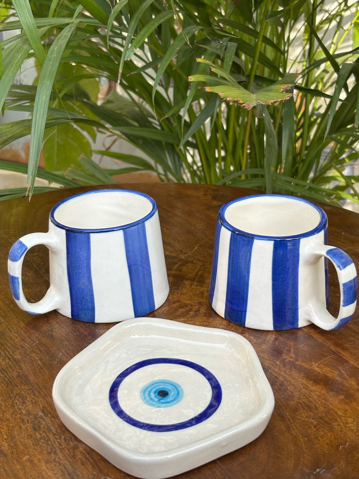 Blue Line Cups & Evil Eye` Snack Plate Combo (Set of 3)