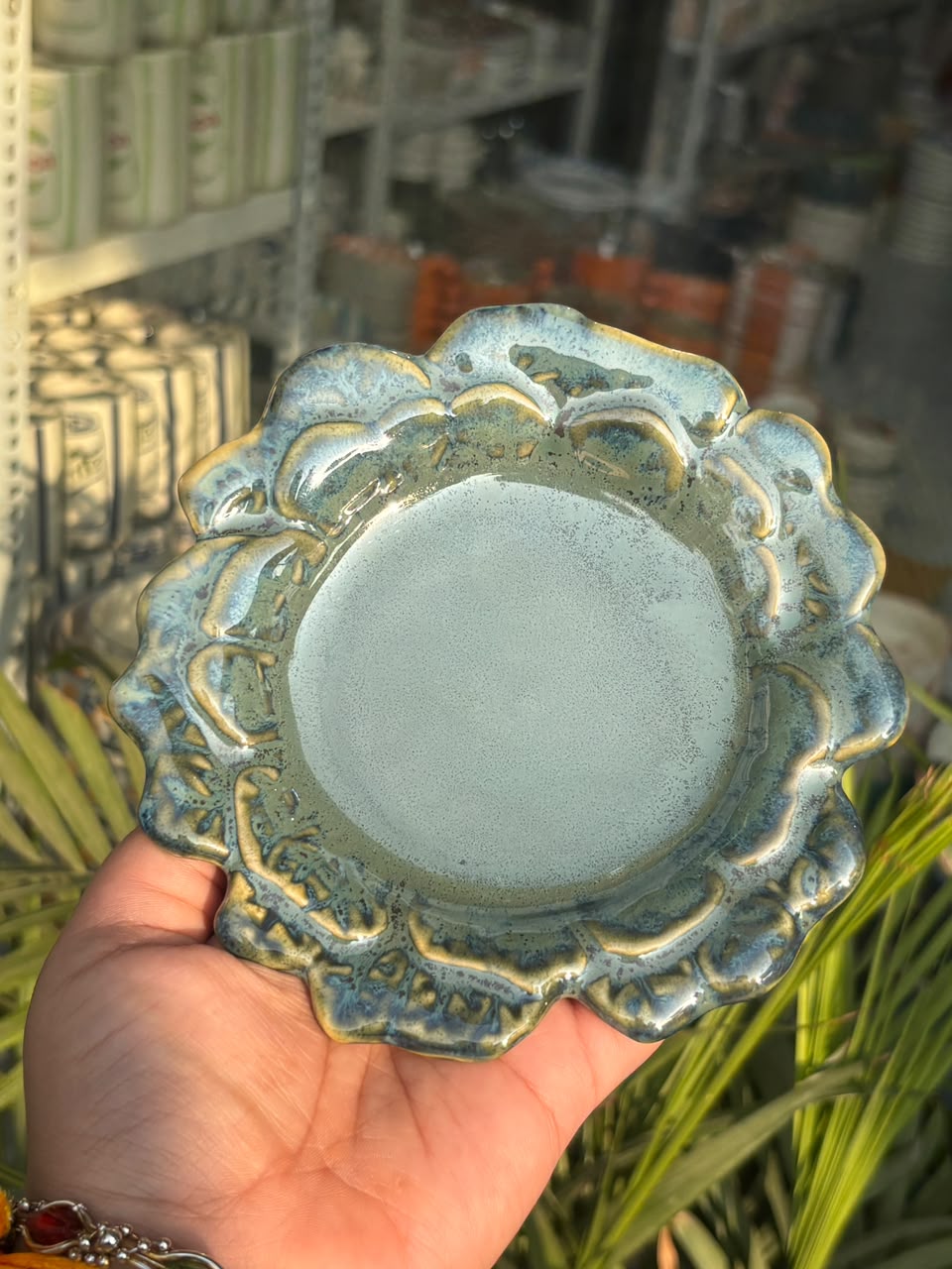 Aqua Floral Rim Ceramic Snack Plate – Set of 2