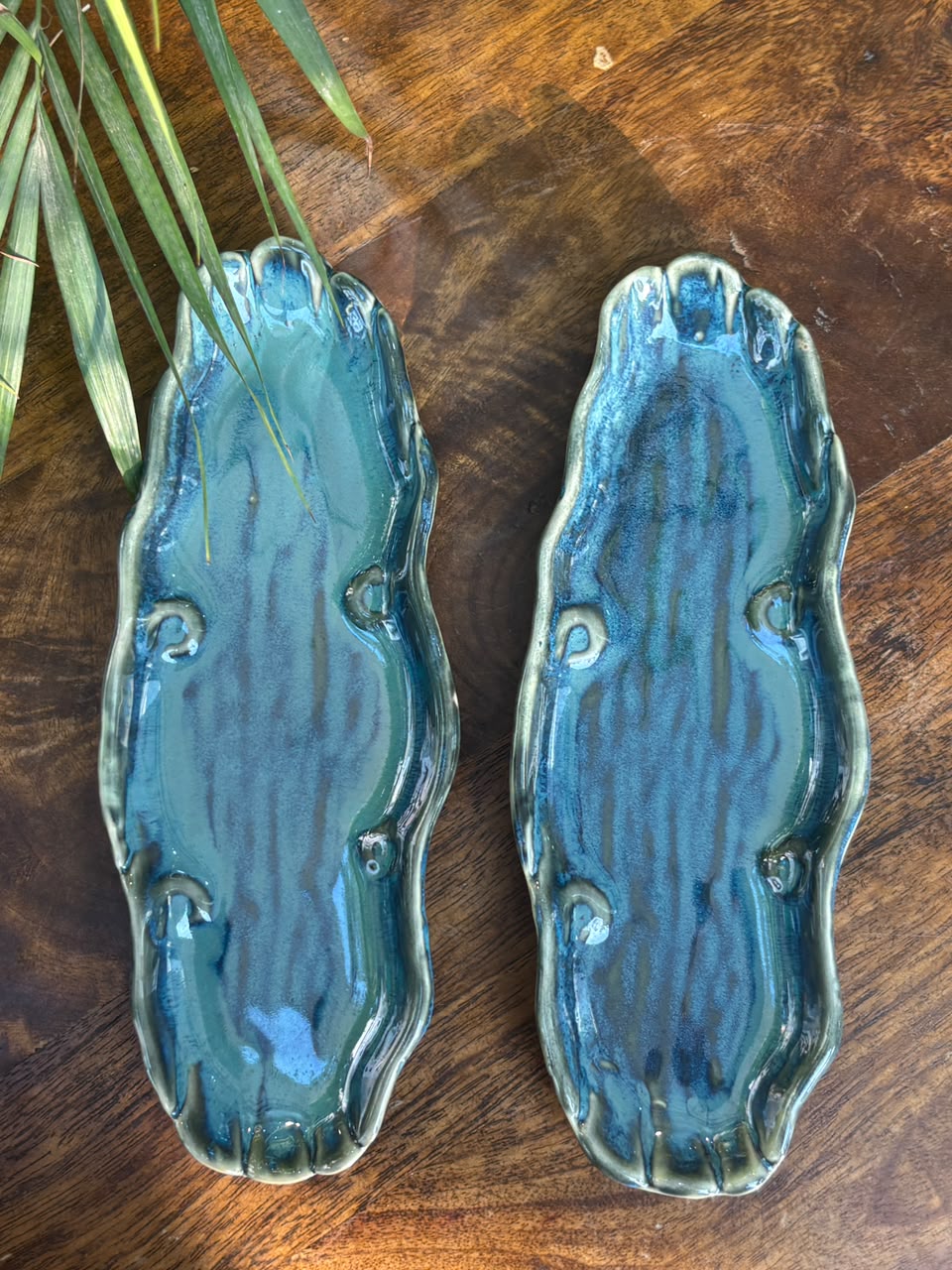 Aqua Rustic Long Ceramic Snack Plate – Set of 2