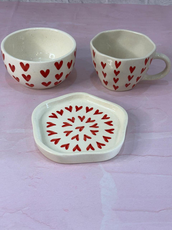 Red Heart Coffee Mug, Snack Bowl & Snack Plate Combo Set of 3
