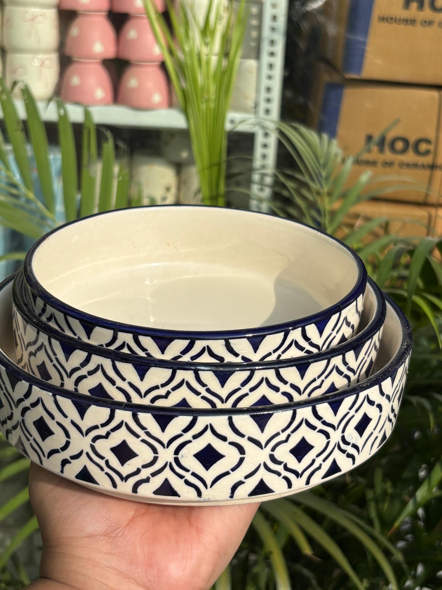 Dark Blue Moroccan Pattern Serving/Salad Bowl Set (Set of 3)