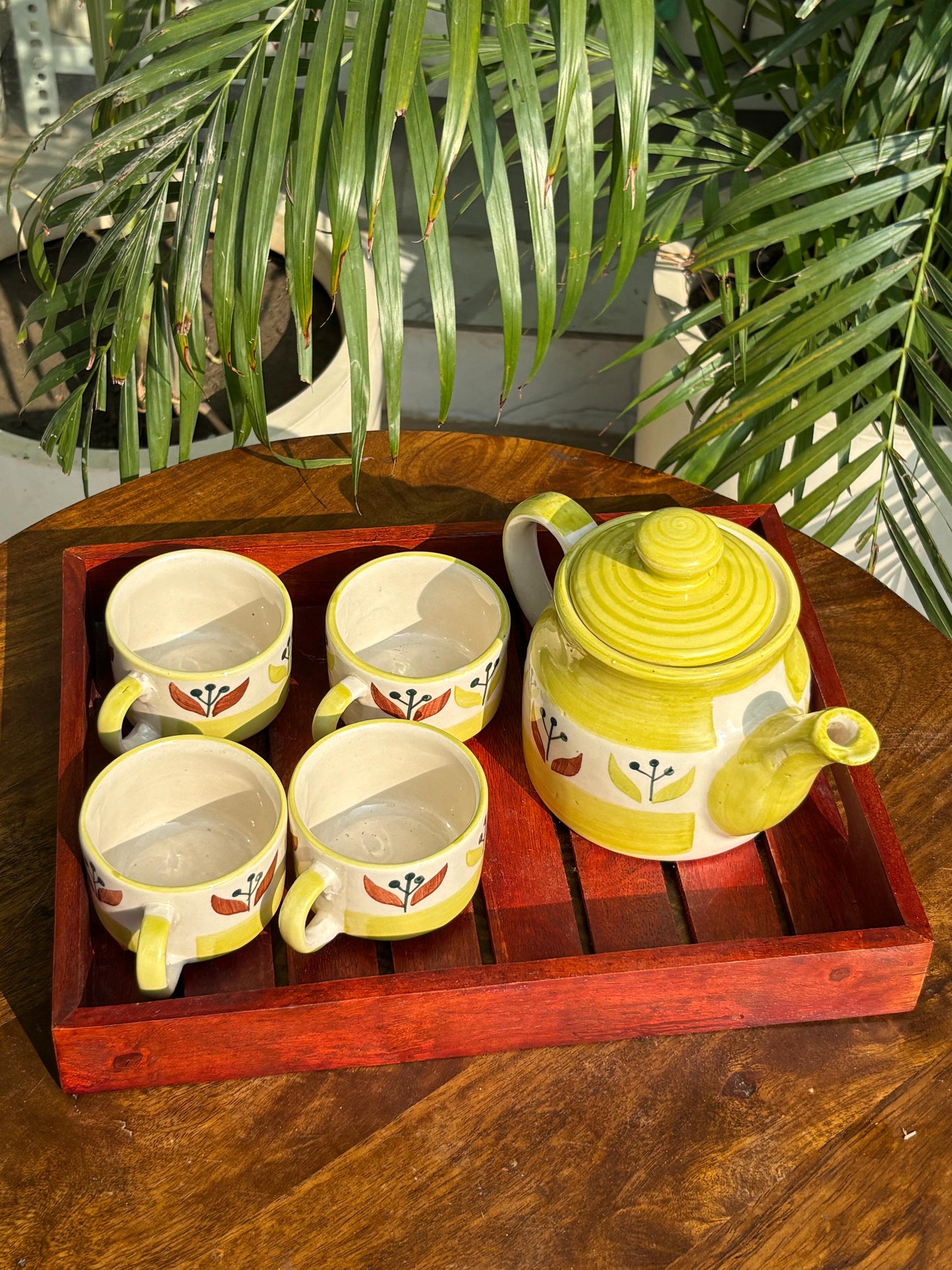 Yellow Floral Hand Painted Kettle Set with Wooden Tray (Set of 6)