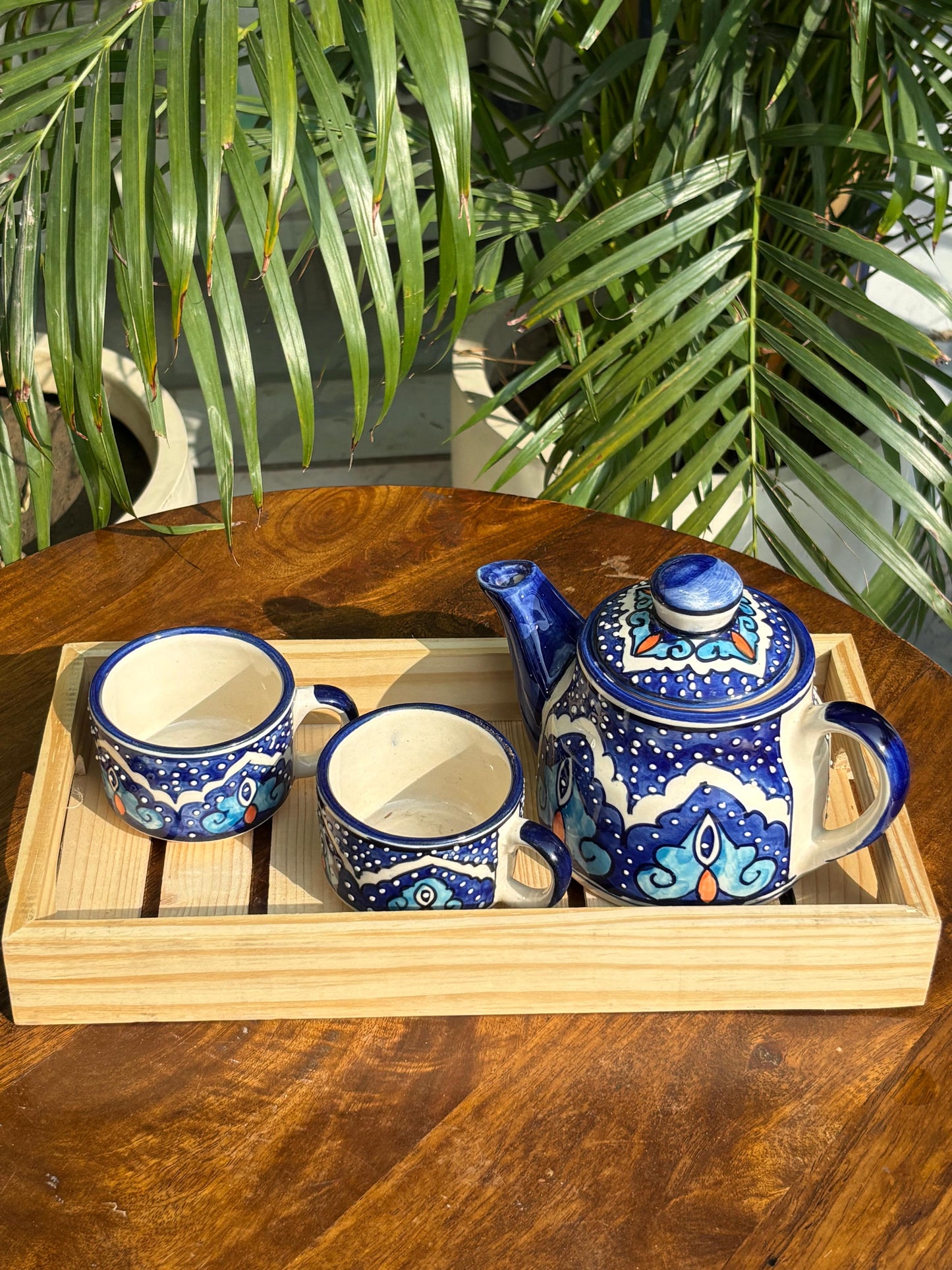 Blue Hand Painted Kettle Set with Wooden Tray (Set of 4)