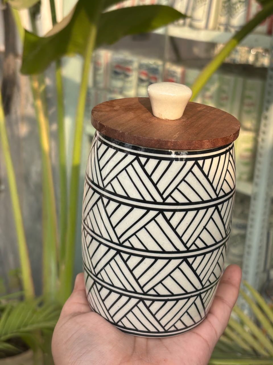 Monochrome Weave Wooden Lid Airtight Jar