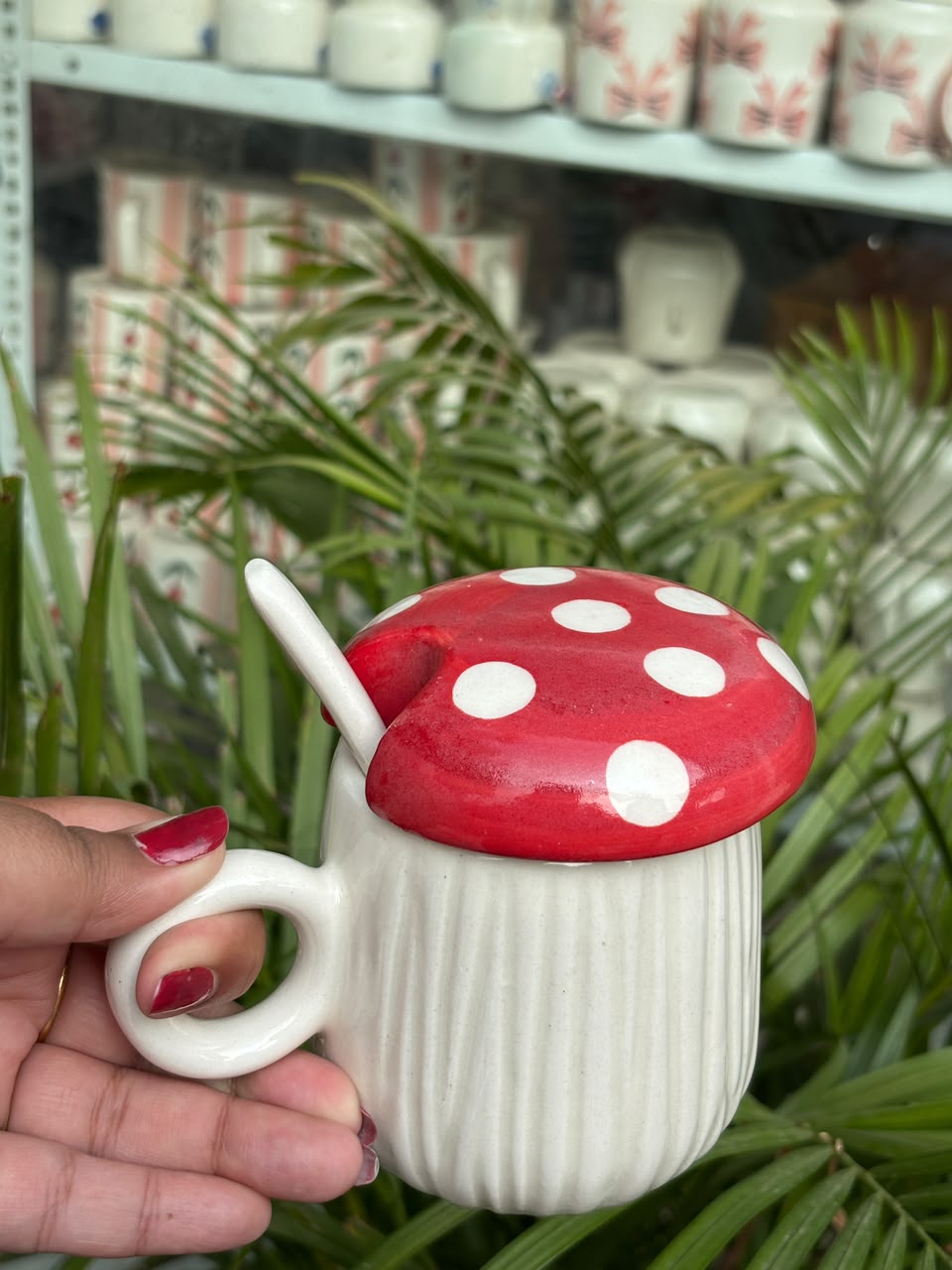 Polka Mushroom Mug with Lid and Spoon