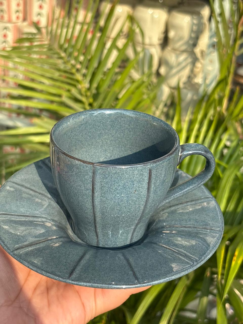 Slate Bloom Tea Cup & Saucer Set (Set of 2)