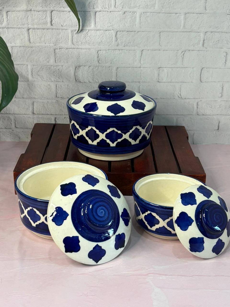 Blue Moroccan Design Serving Bowl Set with Lid (Set of 3)