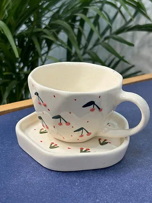 3D Red Cherry Coffee Mug with Saucer