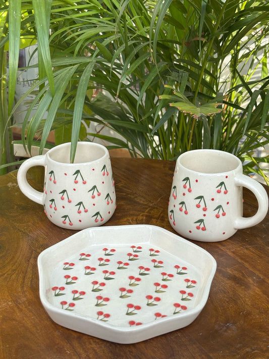 3D Cherry Coffee Mugs & Snack Plate Combo (Set of 3)