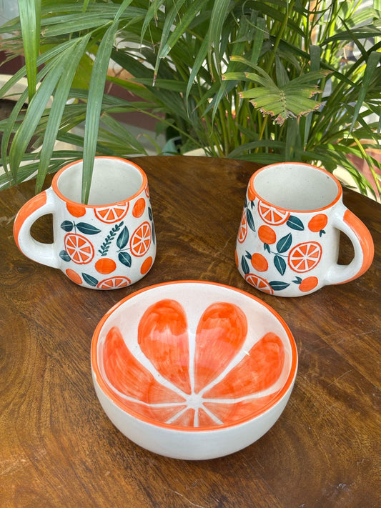 Orange Days Coffee Mugs & Snack Bowl Combo (Set of 3)