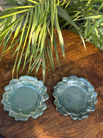 Aqua Floral Rim Ceramic Snack Plate – Set of 2