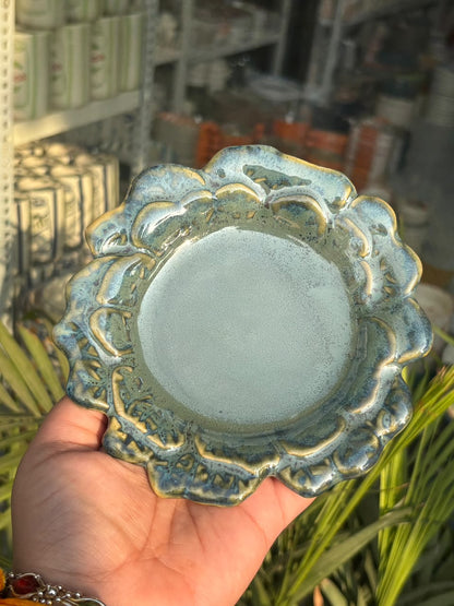 Aqua Floral Rim Ceramic Snack Plate – Set of 2