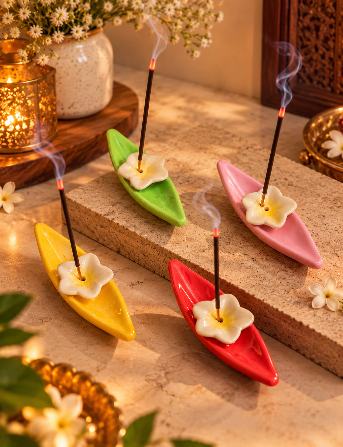 Blooming Leaf Incense Holders Agarbatti Stands (Set of 5 Assorted Colors)