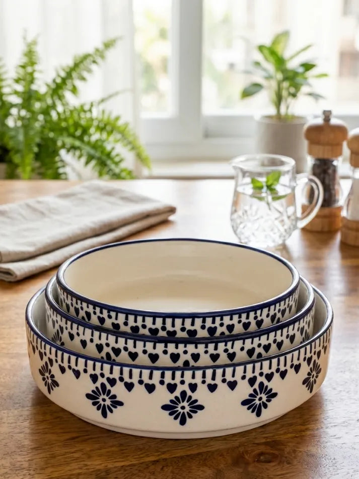 Blue Floral Design Serving Bowl Set (Set of 3)