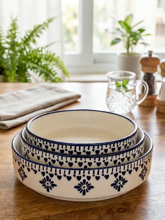 Blue Floral Design Serving Bowl Set (Set of 3)