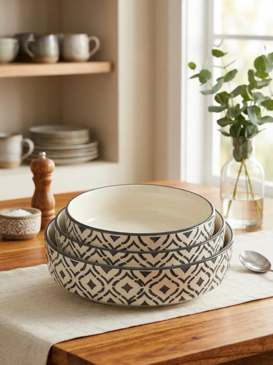 Grey Moroccan Pattern Serving/Salad Bowl Set (Set of 3)