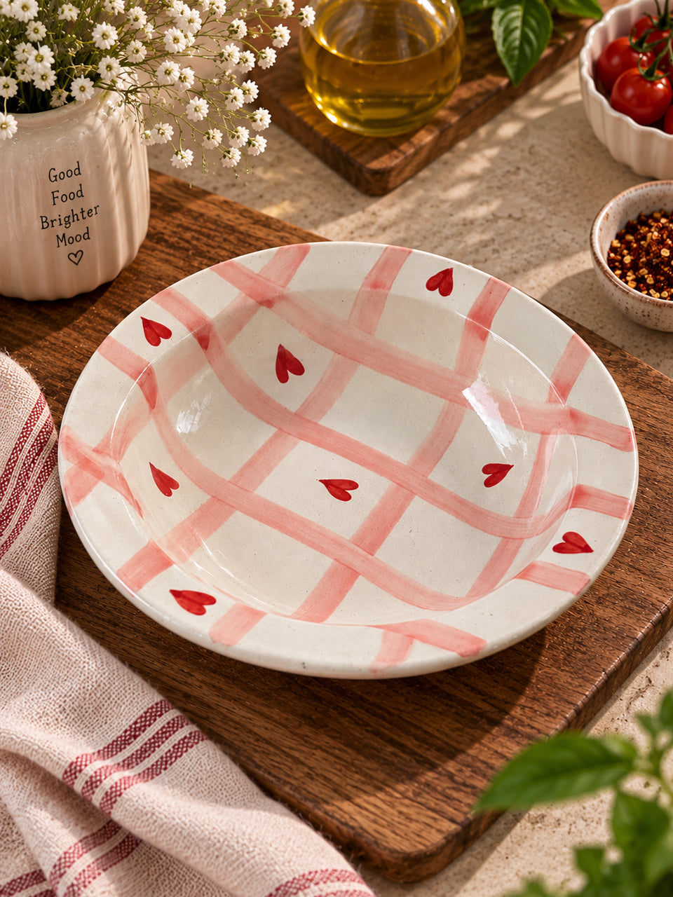 Crimson Check Heart Pasta Plates (Set of 2)