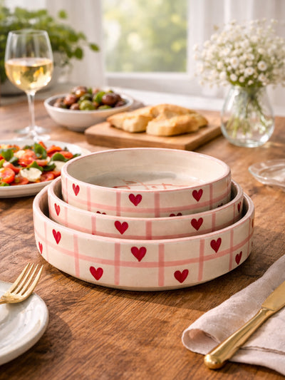Crimson Check Heart Serving/Salad Bowl Set (Set of 3)