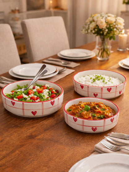 Crimson Check Heart Serving/Salad Bowl Set (Set of 3)