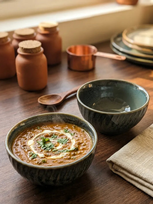 Olive Green Lines Glaze Curry Bowl Set of 2