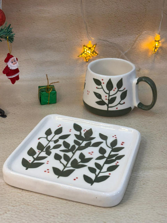 Festive Leaves Coffee Mug & Snack Plate Set (Set of 2)