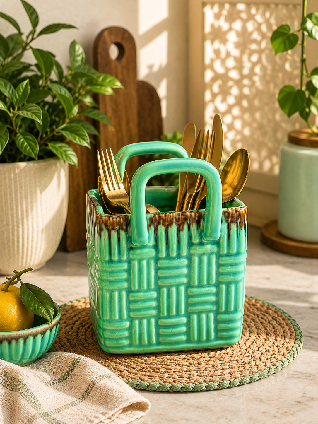 Green Woven Grace Basket Cutlery Holder/Vase
