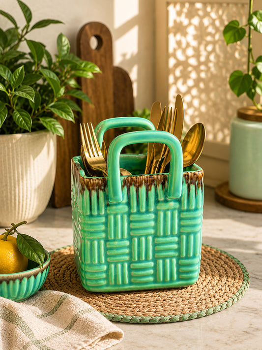 Green Woven Grace Basket Cutlery Holder/Vase