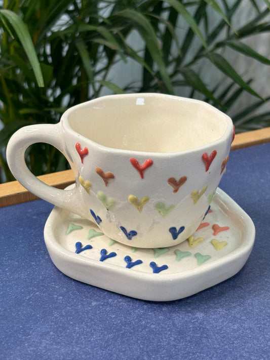 Colorful 3D Heart Coffee Mug with Saucer