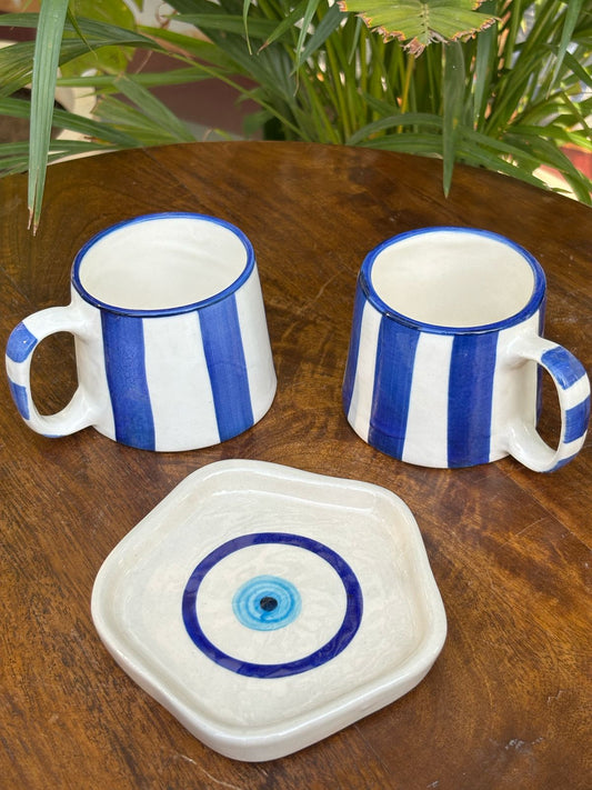 Blue Line Cups & Evil Eye` Snack Plate Combo (Set of 3)