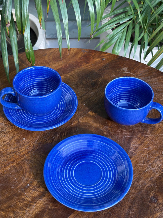 Blue Glaze Cappuccino Cups with Saucers (Set of 2)