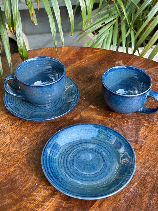 Metallic Blue Glaze Cappuccino Cups with Saucers (Set of 2)
