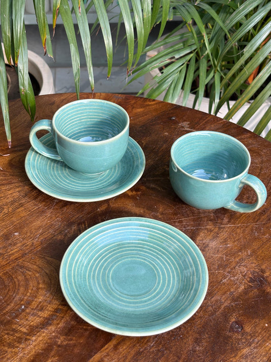 Light Green Glaze Cappuccino Cups with Saucers (Set of 2)