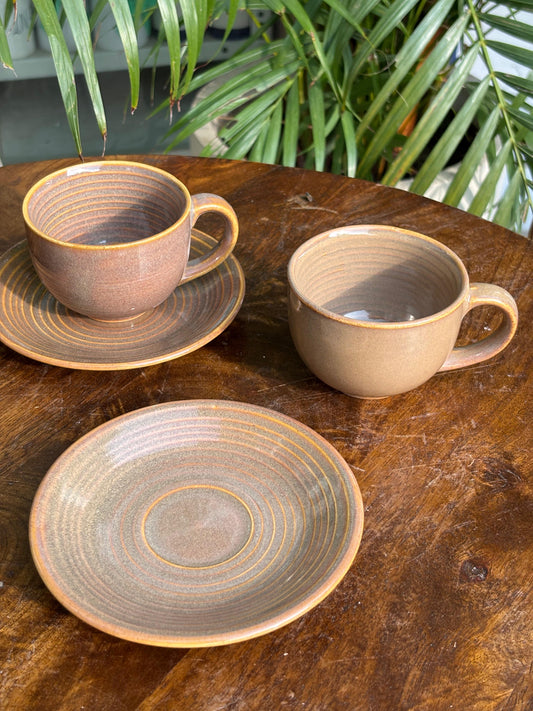 Light Brown Glaze Cappuccino Cups with Saucers (Set of 2)
