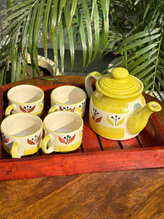 Yellow Floral Hand Painted Kettle Set with Wooden Tray (Set of 6)