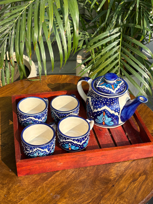 Blue Floral Hand Painted Kettle Set with Wooden Tray (Set of 6)