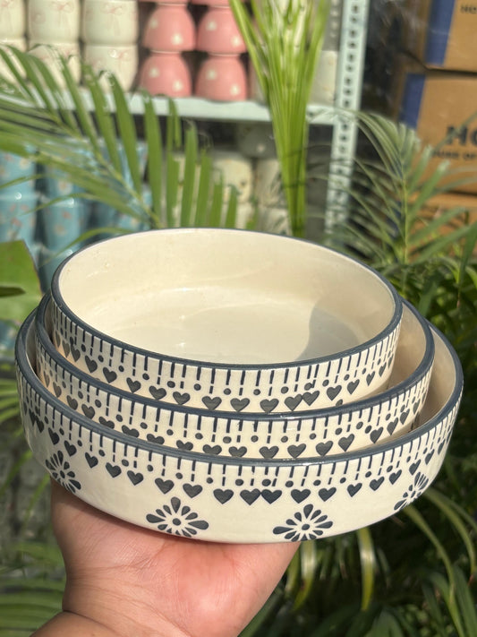 Grey Floral Design Serving Bowl Set (Set of 3)