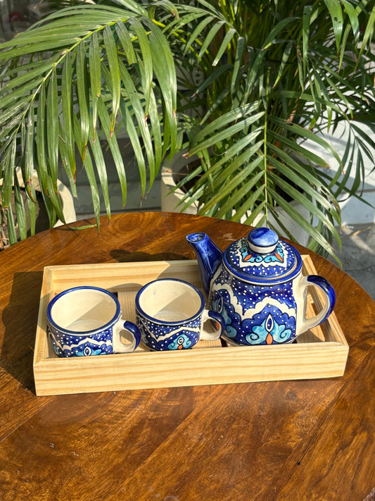 Blue Hand Painted Kettle Set with Wooden Tray (Set of 4)