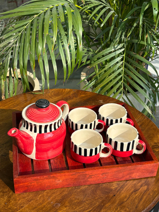 Red Hand Painted Kettle Set with Wooden Tray (Set of 6)