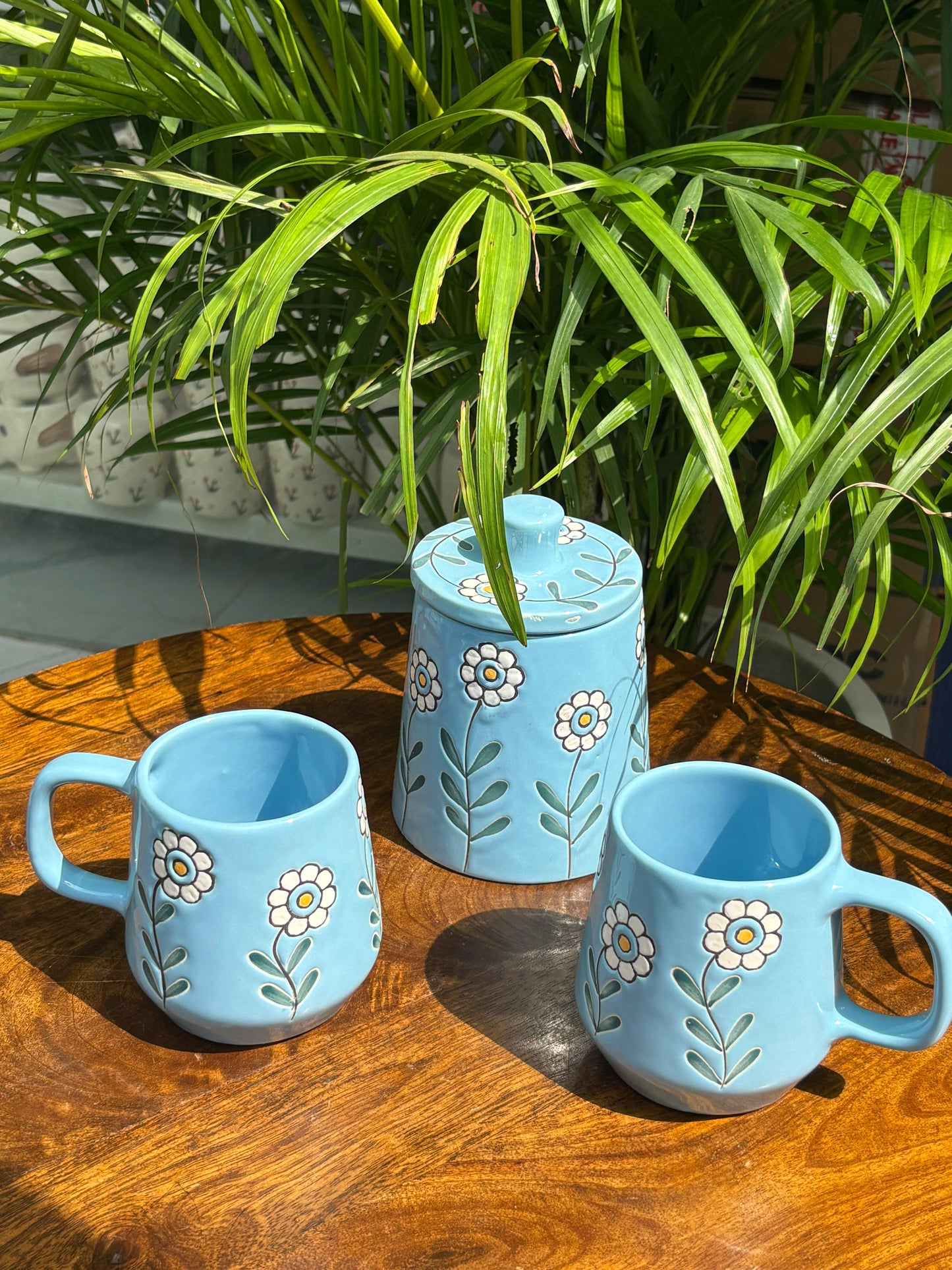 Bloom Blue Mugs & Jar Combo Set (Set of 3)