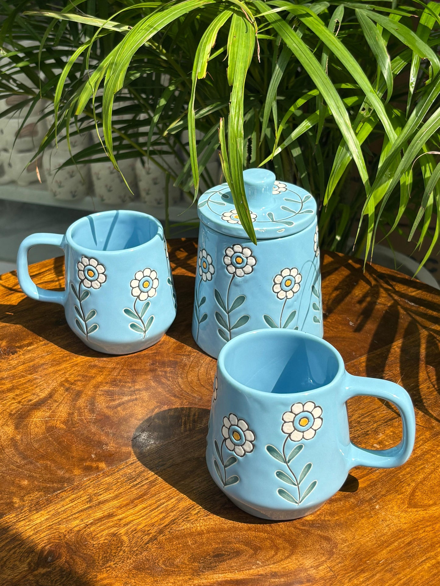 Bloom Blue Mugs & Jar Combo Set (Set of 3)
