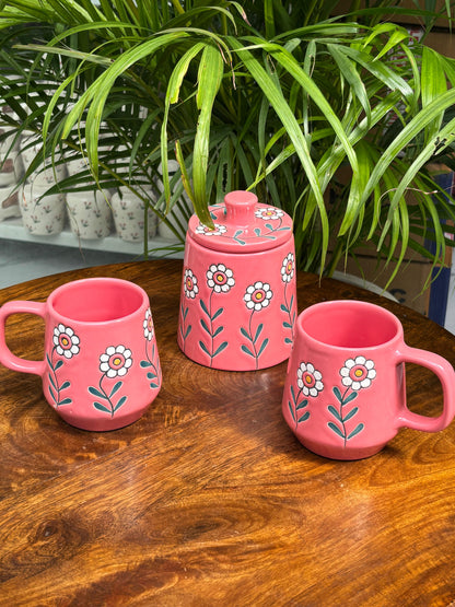 Bloom Pink Mugs & Jar Combo Set (Set of 3)