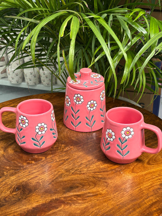 Bloom Pink Mugs & Jar Combo Set (Set of 3)