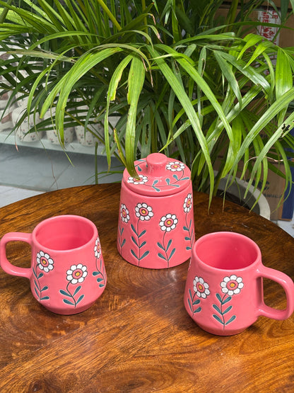 Bloom Pink Mugs & Jar Combo Set (Set of 3)