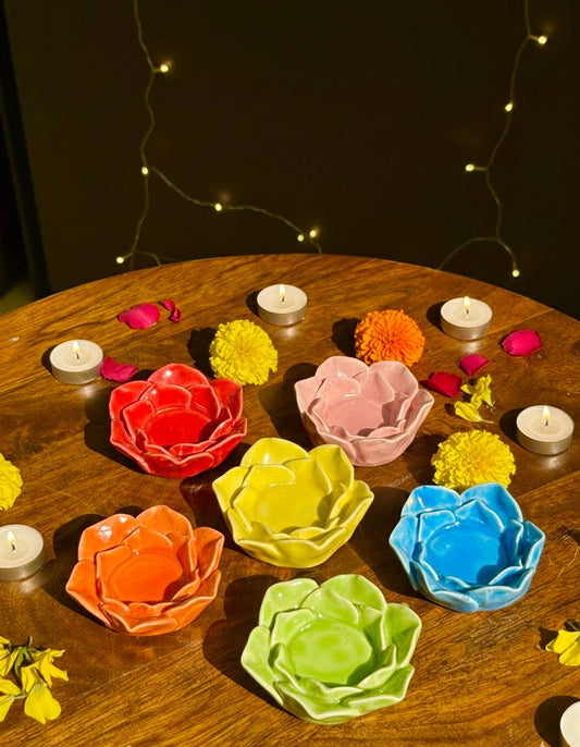 Lotus Glow Tea Light Holders (Set of 5 Assorted Colors)