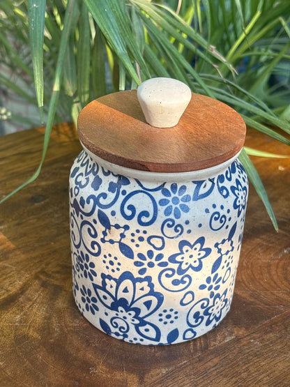 Indigo Bloom Wooden Lid Airtight Jar