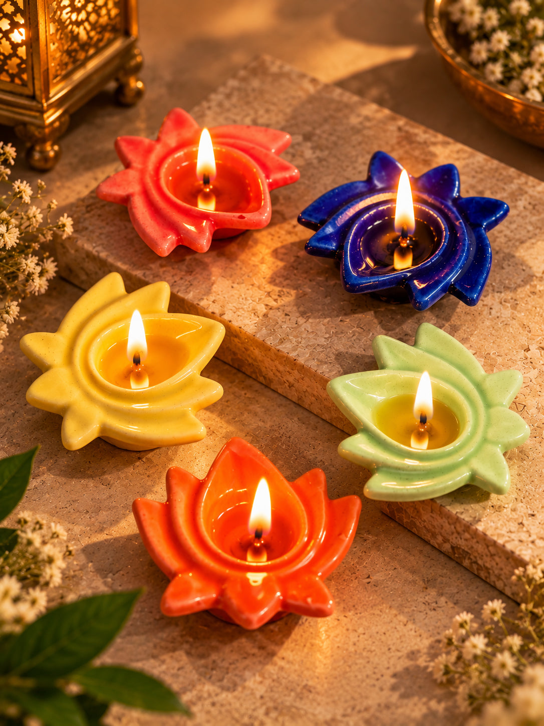 Lotus Glow Diya – (Set of 5 Assorted)