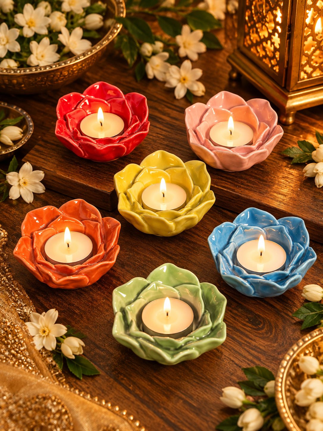 Lotus Glow Tea Light Holders (Set of 5 Assorted Colors)