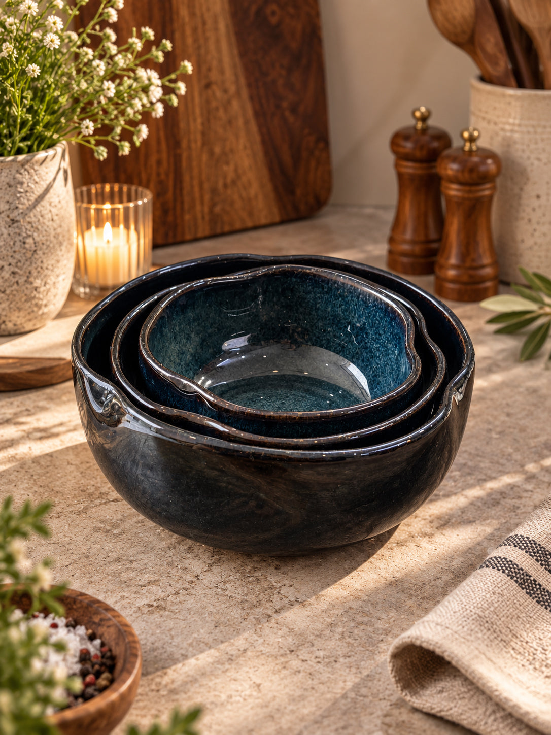Midnight Blue Haven Serving Bowl Set (Set of 3)