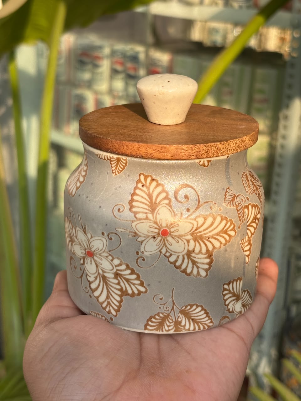 Mocha Bloom Wooden Lid Airtight Jar