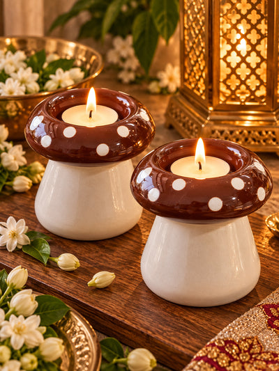 Mushroom Glow Brown Tealight Holder – Set of 2
